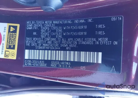 2015 Toyota Highlander Xle V6 from USA, damaged, VIN 5TDKKRFH4FS043444